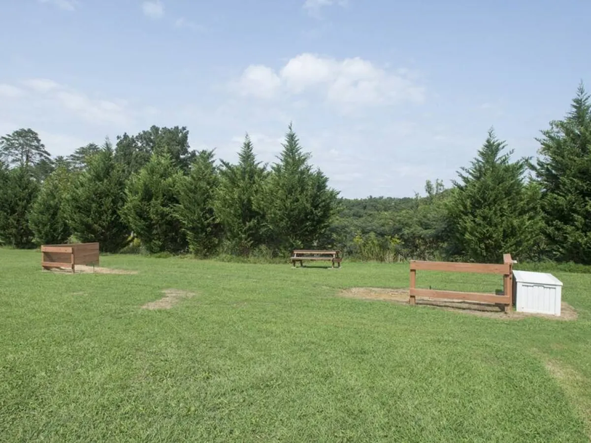 This exterior image features wooden benches set on vibrant green grass, with a tree line and open space stretching out behind. The relaxed setting invites guests to enjoy the outdoors, whether for picnicking, relaxing, or simply taking in the view. The open, accessible layout and easy-to-navigate terrain make it ideal for guests of all ages and abilities.
